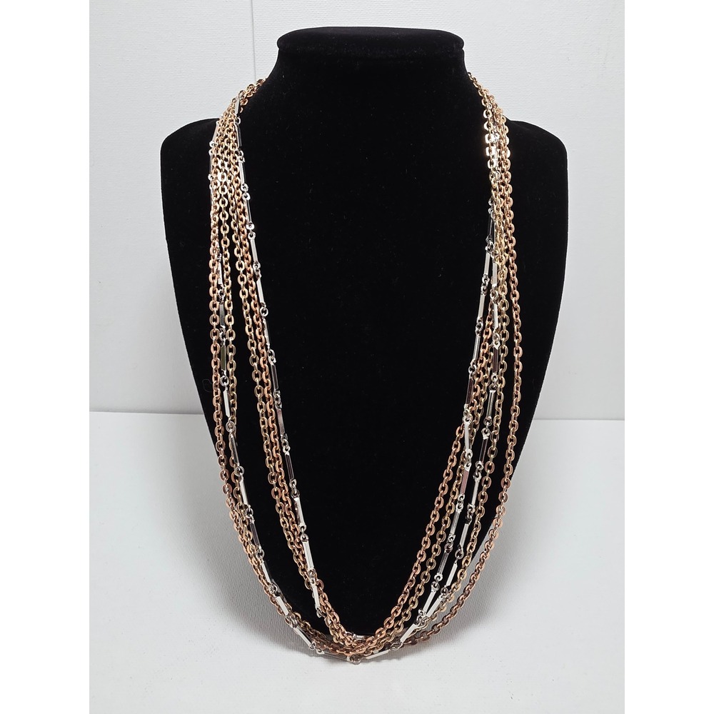 Vintage Hobe Multi Strand Chain Necklace Rose Gold Silver Tone 48 Inch Layered